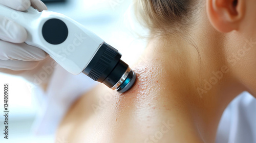 Dermatologist performing laser treatment on patient's back, targeting specific skin concerns with precise medical technology and professional skincare approach