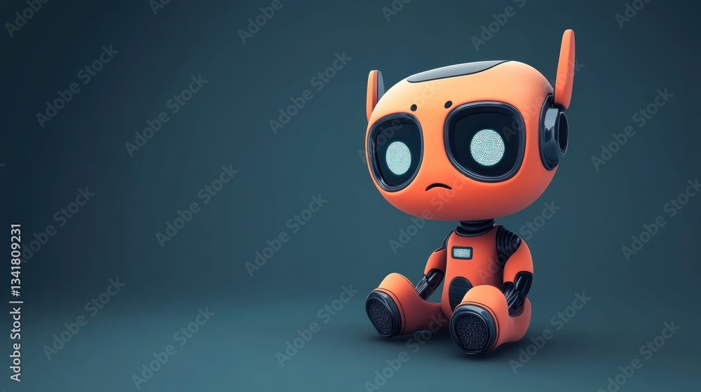 Sad orange robot sits on a dark background. Sad orange robot sits on a dark background.