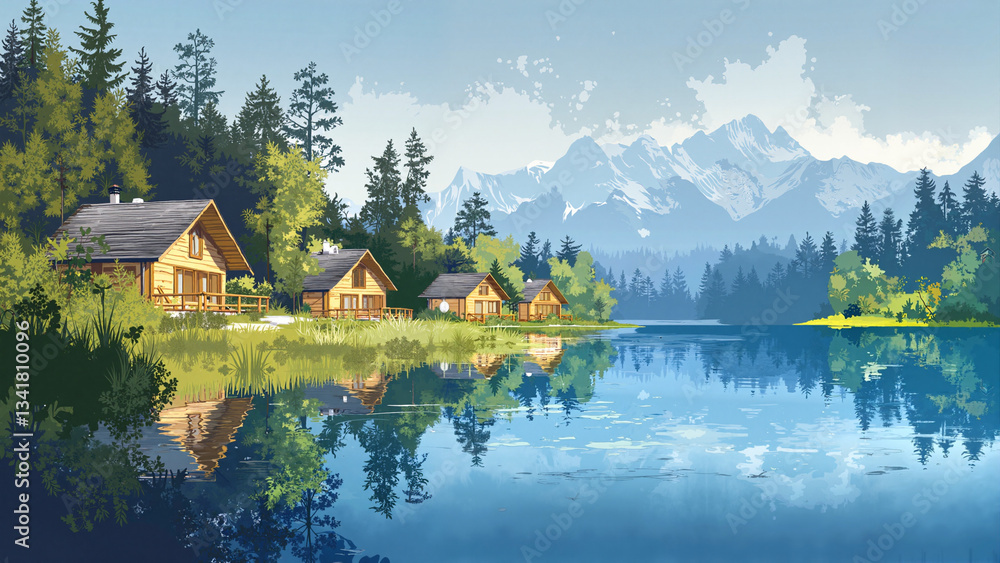 Fototapeta premium Lakeside Cabins Tranquil Nature Retreat.