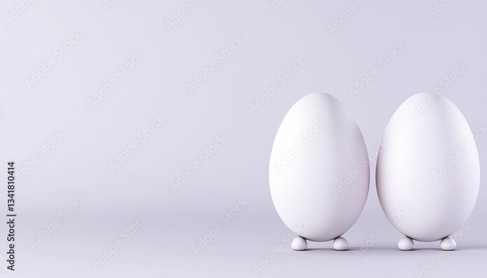 Two smooth white eggs perfectly balanced on a minimalistic background. Two smooth white eggs perfectly balanced on a minimalistic background.