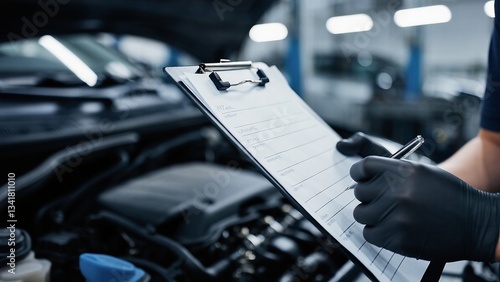 Auto mechanic in black gloves inspects car engine, completing checklist on clipboard for vehicle maintenance at a service center.