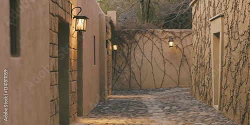 Stone Alleyway with Vines and Lighting