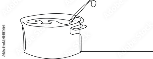 Soup Pot Sketch with lid, pot, saucepan one line continuous drawing. Kitchen tools continuous one line illustration. Vector minimalist linear illustration.