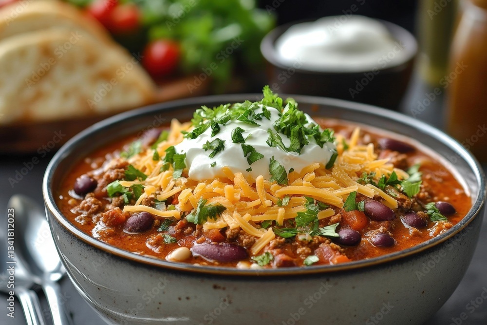 Warm Bowl of Chili Served With Shredded Cheese, Sour Cream, and Fresh Toppings for a Cozy and Flavorful Meal Experience Warm Bowl of Chili Served With Shredded Cheese, Sour Cream, and Fresh Toppings for a Cozy and Flavorful Meal Experience