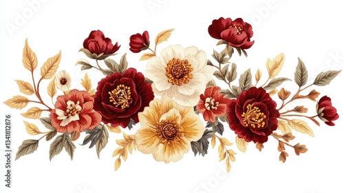 Floral bouquet in warm autumnal tones.  A rich display of roses, peonies, and other blooms in shades of burgundy, cream, and gold, with detailed foliage