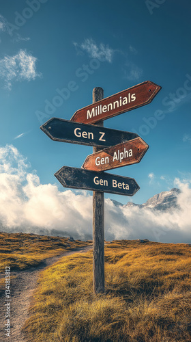 Wooden signpost showing different generations like millennials, gen z, gen alpha and gen beta in a mountain landscape with a hiking path, clouds and blue sky background