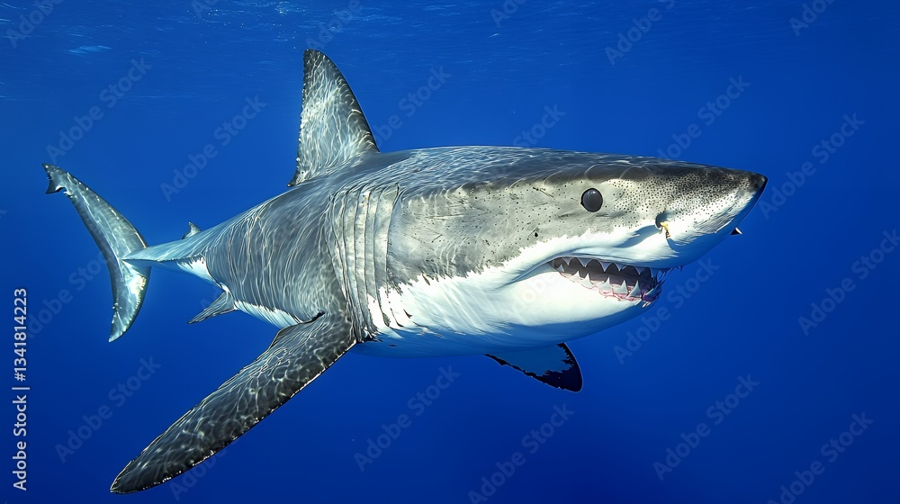 Fototapeta premium Majestic Shark Swimming Gracefully in Clear Blue Ocean Waters for Marine Exploration