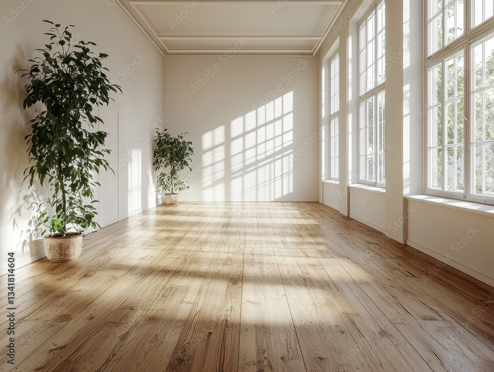 Obraz premium Bright and serene yoga studio with large windows and natural wood flooring under streaming sunlight