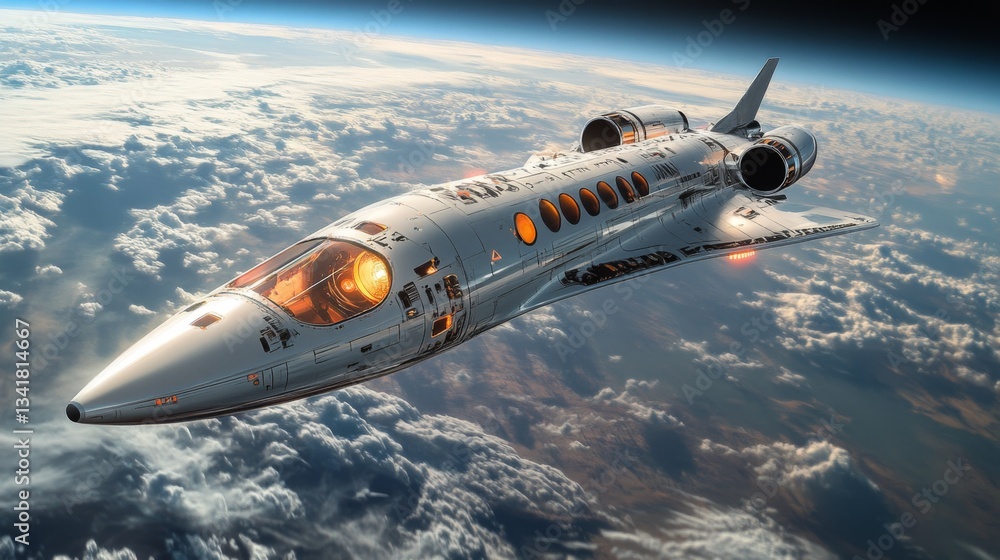 Naklejka premium A sleek spaceplane glides through the upper atmosphere, demonstrating hypersonic capabilities with its cutting edge propulsion systems amid a backdrop of clouds and earth.