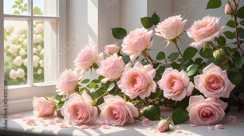 pink flowers besides a window