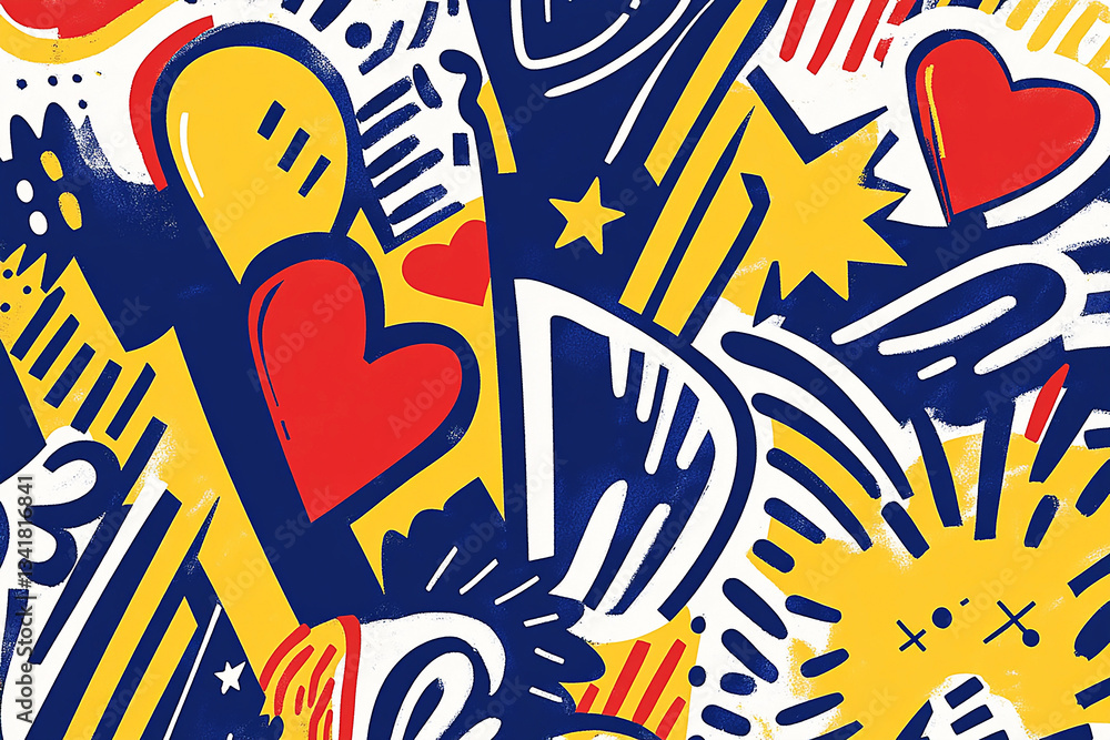 Colorful abstract design featuring hearts, stars, and dynamic shapes on a vibrant background