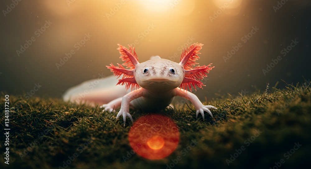Naklejka premium Axolotl Exploring Moss with Backlit Glow Natural Light Portrait