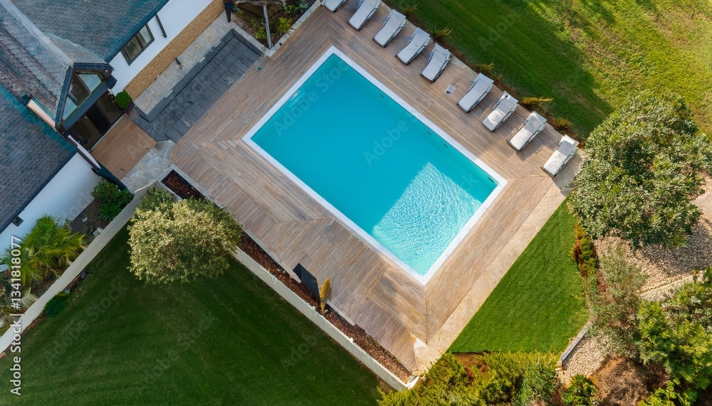 Aerial view of a luxury modern home with backyard swimming pool Aerial view of a luxury modern home with backyard swimming pool