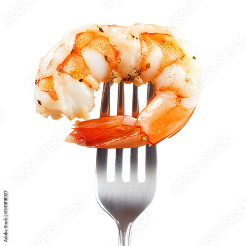 Cooked shrimp on a fork isolated on a transparent background