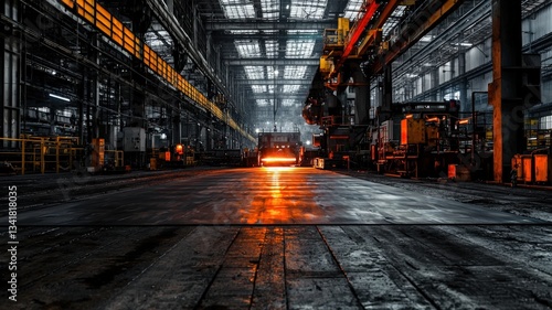 Gigantic hydraulic press crushing metal sheets in a heavy industrial facility, detailed textures