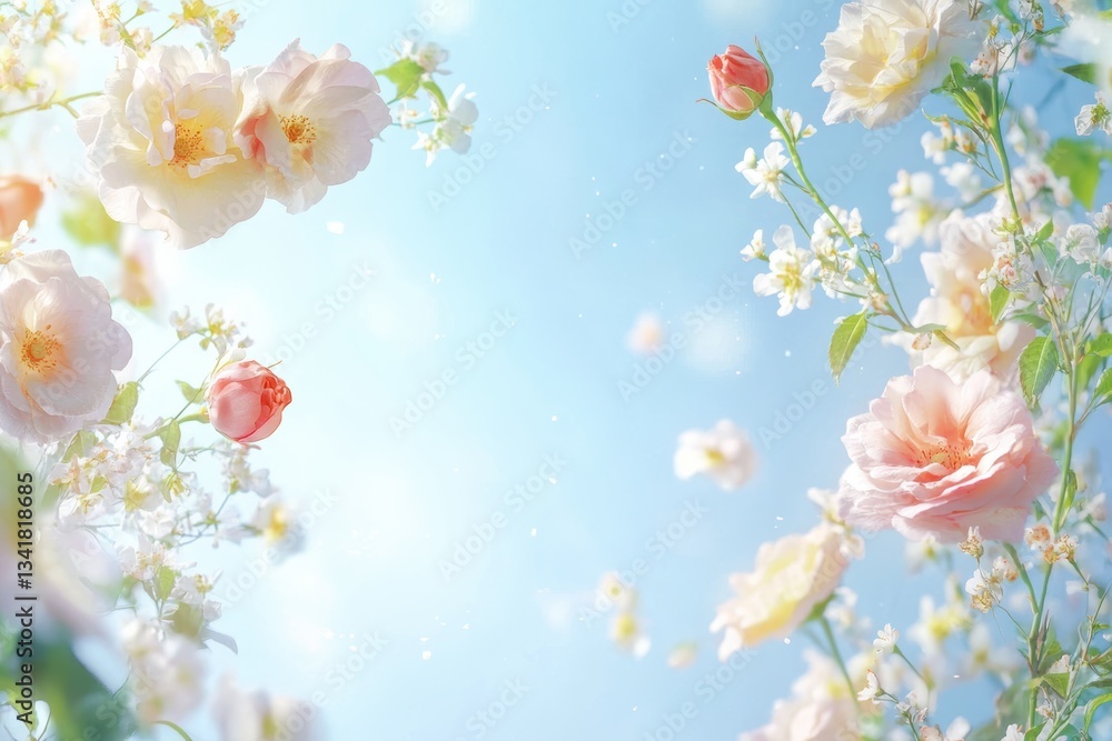 Fototapeta premium 美しい花々が咲く青空の下での春の訪れを感じる瞬間