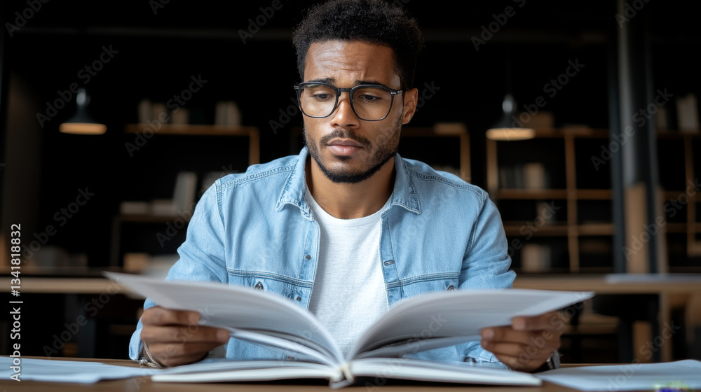 focused man reading book in modern library setting, showcasing concentration and curiosity. ambiance is calm and intellectual focused man reading book in modern library setting, showcasing concentration and curiosity. ambiance is calm and intellectual