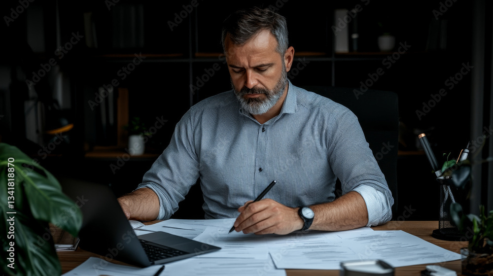focused man working at desk, reviewing documents with laptop nearby. atmosphere is serious and professional, highlighting concentration and productivity focused man working at desk, reviewing documents with laptop nearby. atmosphere is serious and professional, highlighting concentration and productivity