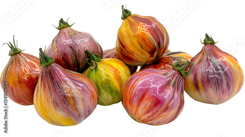 Wallpaper Mural This image showcases a vibrant pile of fairytale eggplants with unique color combinations and textures on a light tabletop. Torontodigital.ca