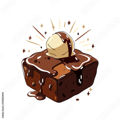Delicious brownie dessert vector featuring a rich chocolate brownie topped with melting ice cream and glossy chocolate sauce in a warm, indulgent design.
