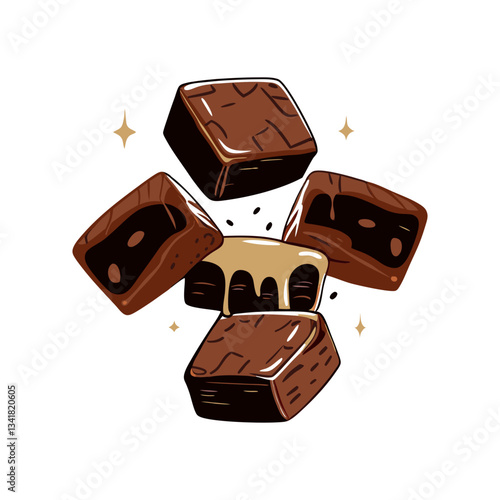 Chocolate fudge vector illustration with rich, glossy pieces and a gooey caramel filling. Perfect for dessert, confectionery, and sweet treat-themed designs.