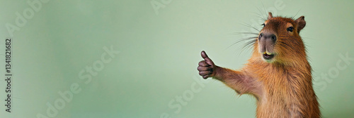 Portrait of beautiful happy capybara showing thumb up sign for great job on isolated olive banner background.