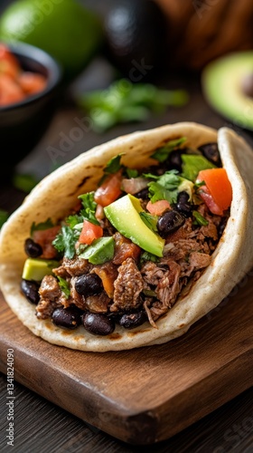 Delicious Venezuelan arepa filled with shredded beef, black beans, and avocado styled with tropical elements and vibrant colors