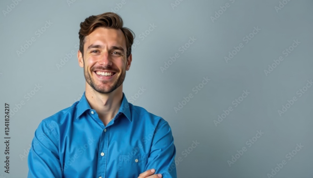 Attractive blue-shirted figure smiles against gray backdrop, blue, sales, gray Attractive blue-shirted figure smiles against gray backdrop, blue, sales, gray