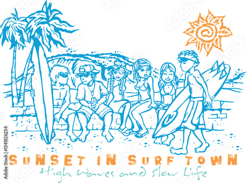 Vector illustration of characters in cartoon style on the beach scene. Drawings of imaginary characters at leisure. Own summer and coastal scene.