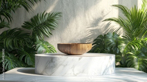 Wooden bowl on marble podium amidst lush greenery