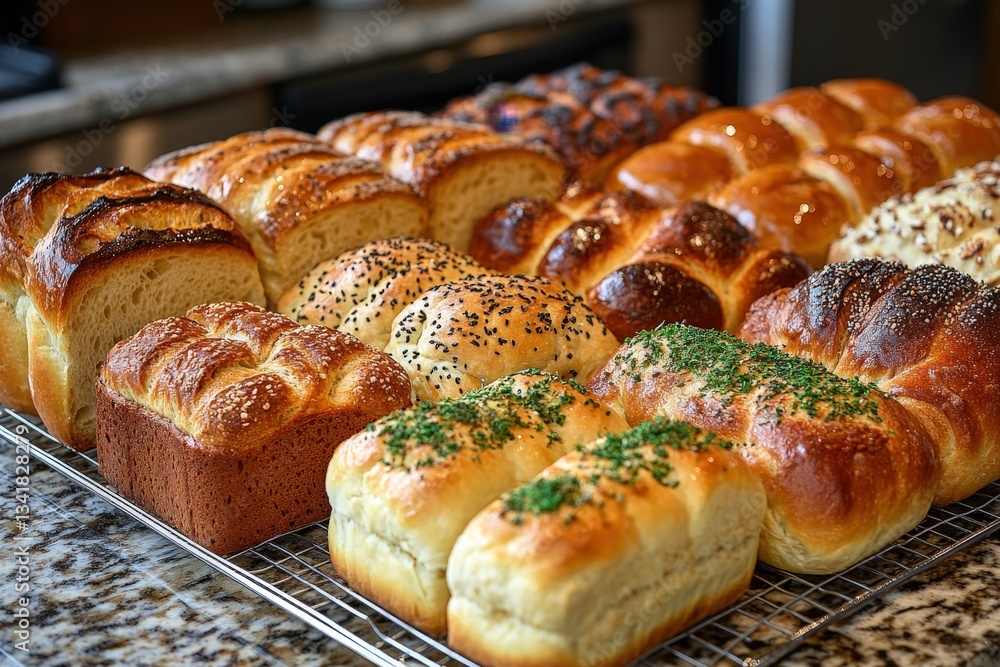 Artisanal Loaves and Rolls Cooling on a Wire Rack in a Cozy Kitchen After an Afternoon of Baking Artisanal Loaves and Rolls Cooling on a Wire Rack in a Cozy Kitchen After an Afternoon of Baking