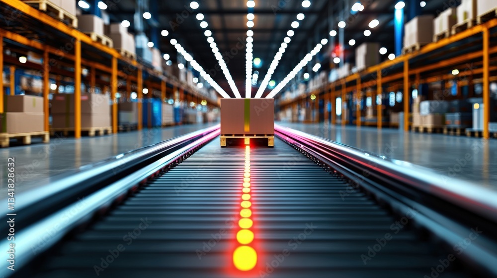 High-speed automated warehouse conveyor system moving packages to shipping zones, bright lighting High-speed automated warehouse conveyor system moving packages to shipping zones, bright lighting
