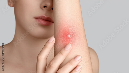 Close-up showing inflamed skin condition, potentially a boil or cyst, on a woman's arm.