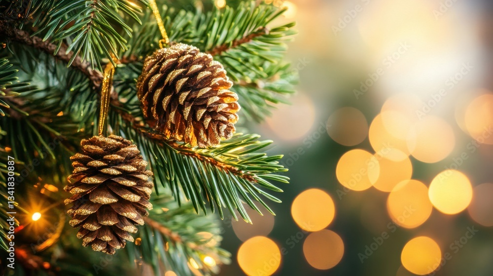 Beautiful Close-up of Pine Cones on Christmas Tree Branch Beautiful Close-up of Pine Cones on Christmas Tree Branch
