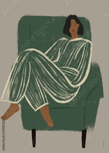 illustration of an elegant woman sitting in a green chair. cozy winter illustration. interior poster, graphics, picture, postcard 