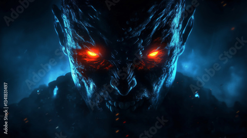dark, menacing figure with glowing orange eyes emerges from smoky blue background, evoking sense of fear and intrigue