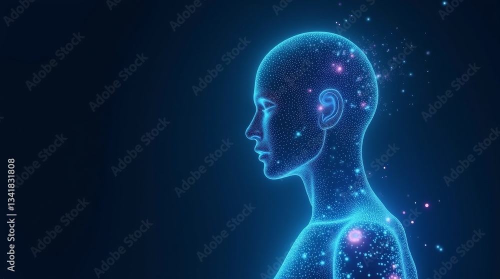 Futuristic digital human silhouette with glowing particles, representing technology and artificial intelligence. Ideal for tech, AI, and futuristic concepts. Futuristic digital human silhouette with glowing particles, representing technology and artificial intelligence. Ideal for tech, AI, and futuristic concepts.