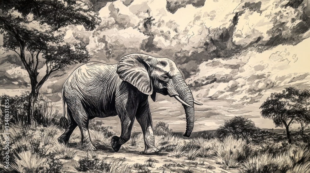 Fototapeta premium A lone elephant walking across the savannah landscape in monochrome
