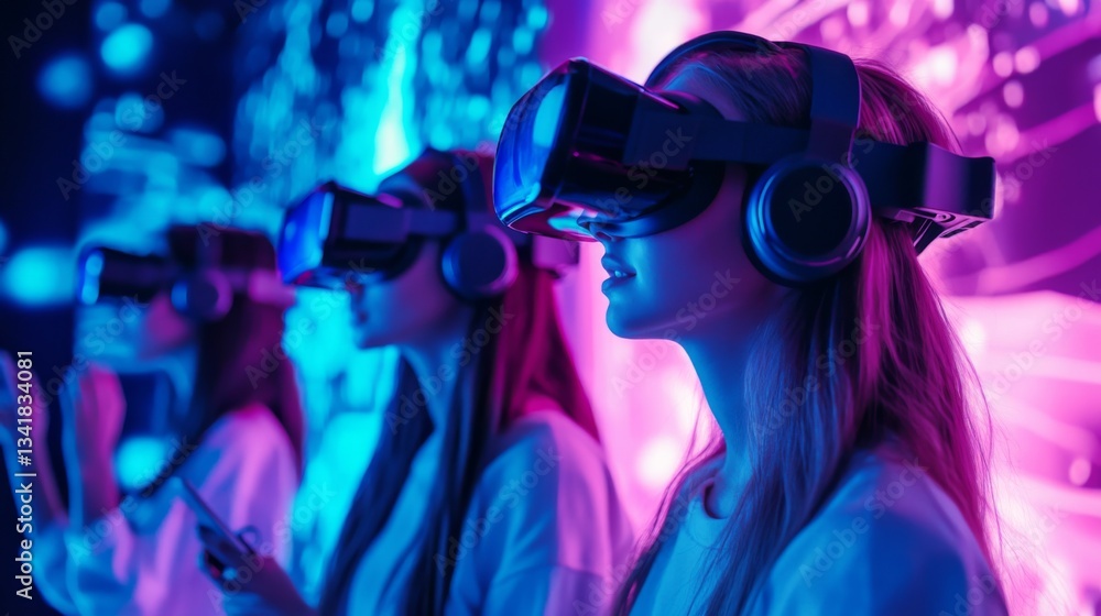 A group of young women testing a VR training simulation immersive holographic environment futuristic technology A group of young women testing a VR training simulation immersive holographic environment futuristic technology