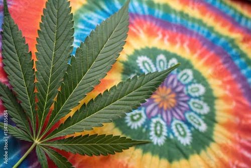 A vibrant tie-dye background features a prominent cannabis leaf, symbolizing nature and alternative culture.