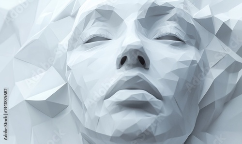 Abstract polygonal female face, serene expression, digital art, minimalist design, use in posters, prints, or website background photo