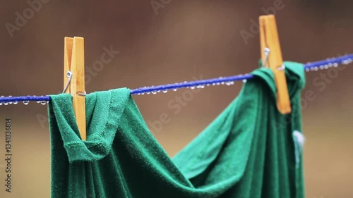 Wet clothes or laundry line on a rainy day