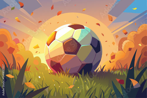 Soccer ball in the grass with the sun and autumn leaves