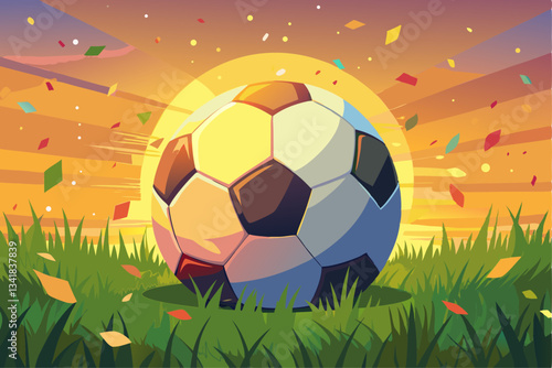 Soccer ball in the grass with the sun and autumn leaves