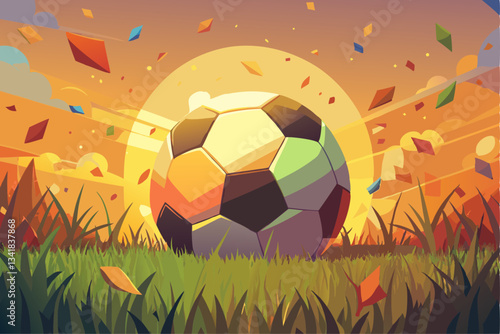 Soccer ball in the grass with the sun and autumn leaves