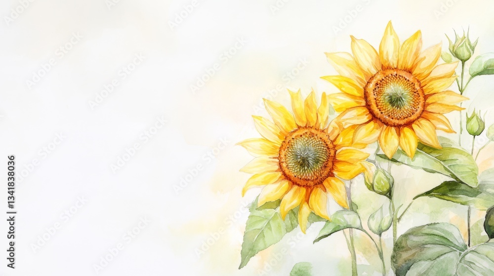 Obraz premium Watercolor Sunflowers Two Blooming Sunflowers on a Light Background, Botanical Illustration, Floral Art Sunflower, Watercolor Painting