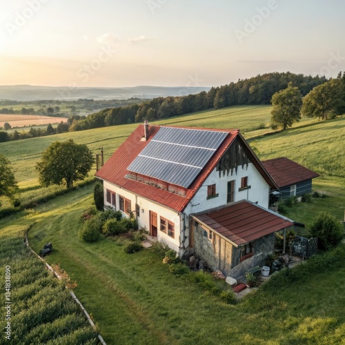 Wallpaper Mural Sustainable house with solar panels surrounded by green fields at sunset Torontodigital.ca