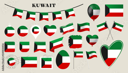 Free Download kuwait flag set. Various National flag collection with different shapes like heart, shield, easter egg, location, circle, postmark, grunge, square, round and rectangle vector illustration - GFXLoad