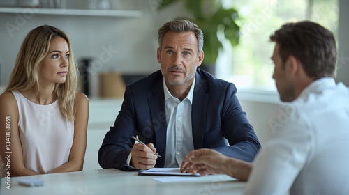 Divorce lawyer mediation meeting with attorney and couple discussing children, property, and family matters in calm and professional setting
