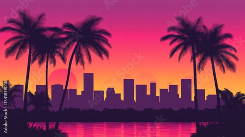Tropical City Sunset Silhouette Palm Trees, Cityscape, Vibrant Gradient, Illustration, Sunset Cityscape Tropical, Cityscape